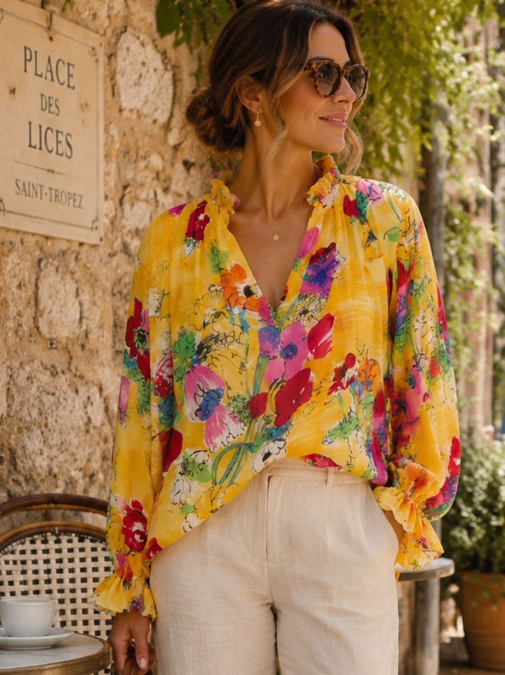 FRENCH Floral Silk Ruffle Cuff Pintuck Pleat One of a Kind Riviera Blouse, S